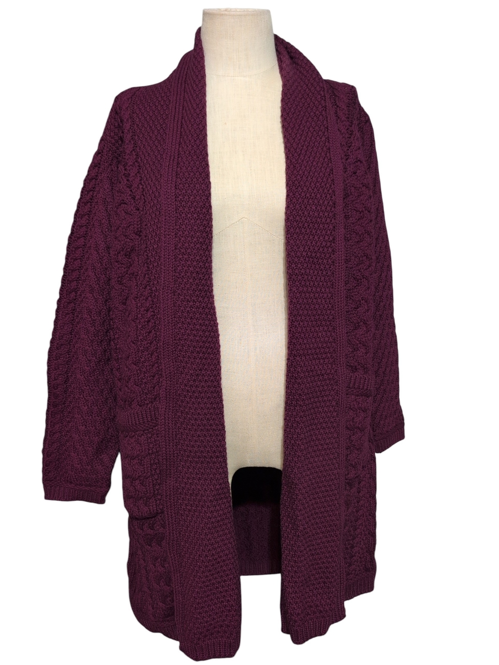 Aran Crafts Cable Knit Open-Front Cardigan - Plum Sweater Ireland 100% Wool Sm